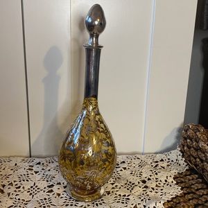 Italian Blown Decanter w/ Stopper in Gold Glass & Sterling Silver Floral Design